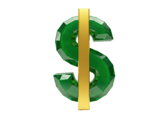 Isolated faceted green emerald dollar sign symbol with a shiny golden bar representing finance wealth currency and economic growth