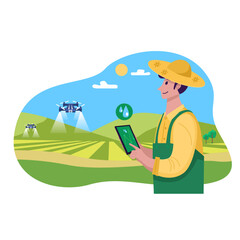 Smart Farming Smart farming vector illustration. Farmer with wireless IoT icons showing greenhouse, water drop, weather, and temperature monitoring