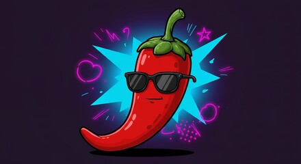 Cartoon chili pepper with sunglasses on abstract background