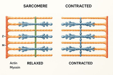 Illustration comparing a relaxed and contracted sarcomere, showing actin and myosin filament interaction.