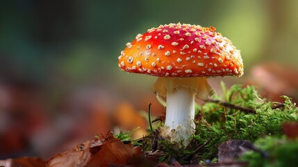 Intricate Forest Macro Mushroom Background: Vibrant Fly Agaric Nestled Among Lush Moss and Fallen Leaves