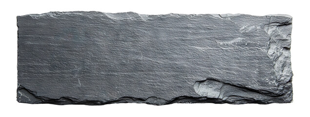 Single rectangular black slate plate with rough natural edges, isolated on transparent cutout background