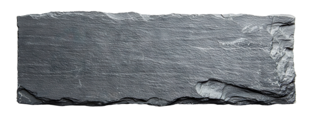 Single rectangular black slate plate with rough natural edges, isolated on transparent cutout background