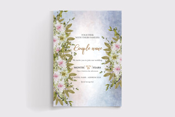 WEDDING INVITATION FRAME WITH FLOWER DECORATIONS AND FRESH LEAVES