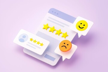 Customer feedback survey with star ratings and happy and sad emoticons on a light purple background