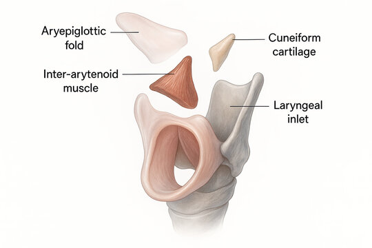 Detailed illustration of the human larynx, highlighting key anatomical structures including the aryepiglottic fold, inter-arytenoid muscle, cuneiform cartilage, and laryngeal inlet.
