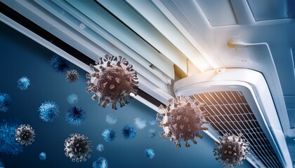 close up of airborne viruses emerging from ventilation system representing health risks and airborne transmission due to poor indoor air quality and ventilation issues