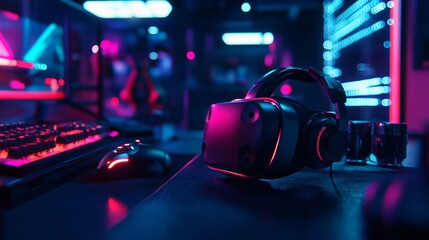 Immersive gaming setup with VR headset and neon lighting effect