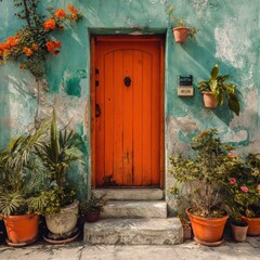 Charming entrance with vibrant orange door and weathered turquoise wall adorned with plants and flowers under sunlight