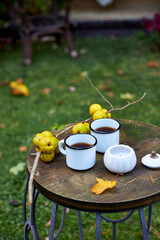 Two white enamel mugs with hot tea on a rustic wooden table in the garden, decorated with quince fruits, candle holder, and autumn leaves. Cozy outdoor autumn atmosphere, perfect for relaxation