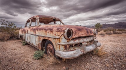 Abandoned vintage car in desert landscape