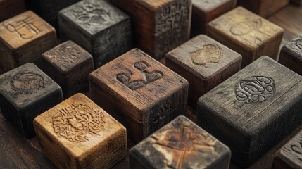 A collection of vintage wooden printing blocks with carved letter designs, showing ink stains and wear.