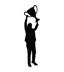 Man football manager holding big trophy celebrating win champion black vector silhouette on white background. Businessman holding winner trophy celebrating win success front view silhouette.