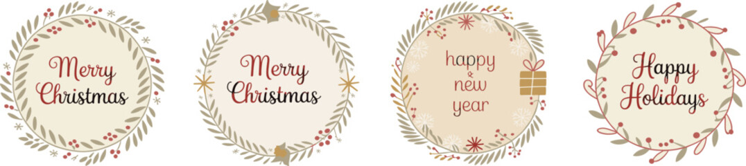Christmas wreath round labels with Merry Christmas, Happy Holidays, Happy New Year greetings, festive circle frames, holiday decorative card design