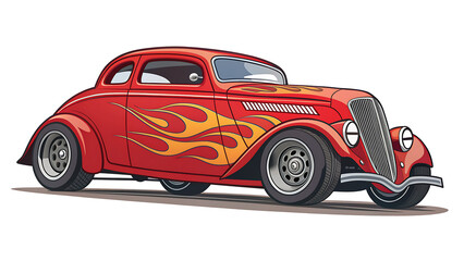 red car isolated on white, red racing car, 2D cartoon illustration of a hot rod car with flames painted on the sides, fast and classic, white background