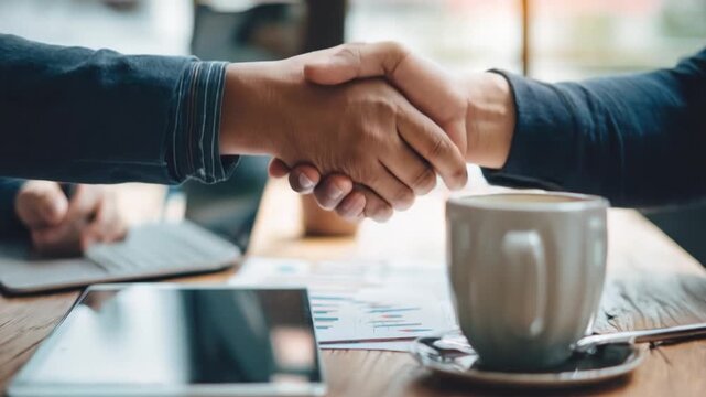 Agreement and Partnership: A close-up shot of two individuals engaged in a decisive handshake, symbolizing a successful partnership or agreement.
