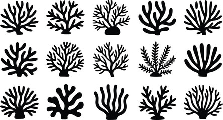 Black silhouette coral reef seaweed collection, marine underwater plants illustration, ocean coral design, tropical sea flora decoration vector set