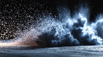 Surreal abstract explosion with light particles on dark mysterious backdrop