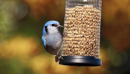 Naklejka premium a small blue bird perched on a feeder filled with seeds and suet balls