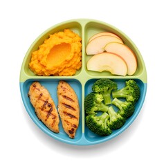 Healthy Kids Meal: Chicken, Broccoli, Sweet Potato, Apples Isolated