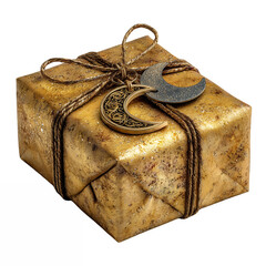 Decorative gift box wrapped in golden paper with ribbon isolated on transparent background for festive celebrations