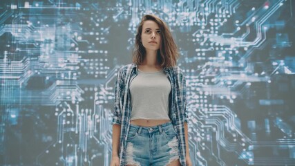 Woman Against Digital Circuit: A young woman is seen standing in front of a vibrant digital circuit background, symbolizing her connection to the technological advancements. - Powered by Adobe