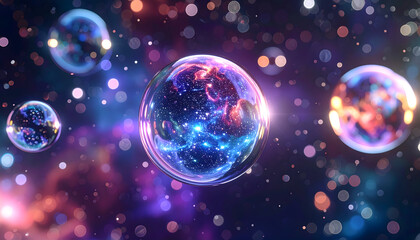 Mystical Bubbles in the Cosmic Tapestry: Enigmatic bubbles float weightlessly against the backdrop of the cosmos, with shimmering galaxies dancing within.