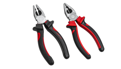 Red steel pliers tool with black handles isolated on a white background