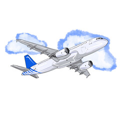 Hand-drawn illustration of a passenger airplane in flight. A modern commercial jetliner with a blue tail soars through stylized clouds. Isolated on white. Air travel and transportation concept.