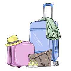 Illustration of travel luggage: blue rolling suitcase with mint jacket, pink suitcase with straw hat, beige tote bag, and yellow sneakers on white background. Vacation, trip concept.