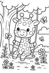 Adorable giraffe with spots sits on a swing hanging from a tree branch