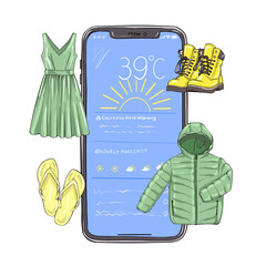Hand-drawn smartphone weather app, framed by clothing options: green dress, flip-flops, hiking boots, and puffer jacket. White background. Weather forecast.