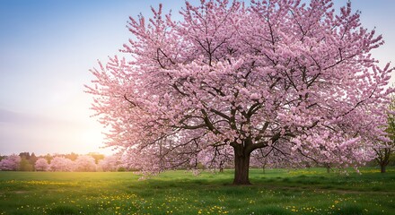 Fototapeta premium A beautiful blooming cherry blossom tree in a grassy field at sunrise.