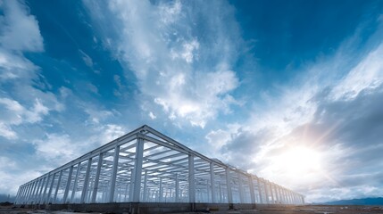 Steel frame structure of a building under a vast blue sky with dramatic clouds and bright sunlight