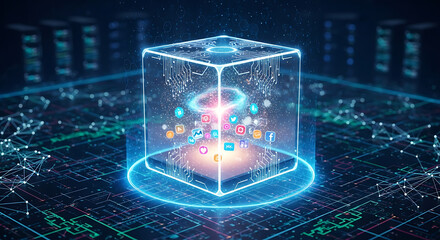 Interactive digital cube displaying social media icons virtual space 3d render futuristic tech concept