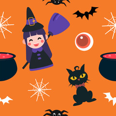 A seamless Halloween pattern featuring pumpkins, bats, ghosts, and spooky elements in festive colors. Perfect for seasonal backgrounds and decorations.
