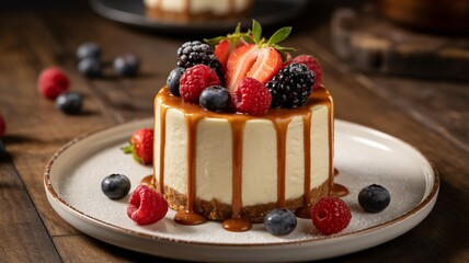 A delectable mini cheesecake adorned with fresh strawberries, raspberries, blueberries, and blackberries, drizzled with luscious caramel sauce on a rustic wooden table.