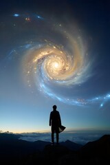 Obraz premium A silhouette contemplates the vastness of the universe and its swirling galaxies
