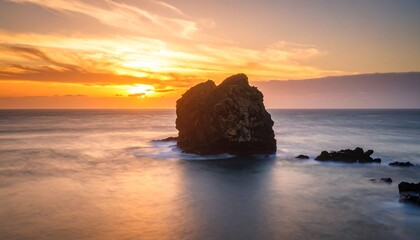 Dramatic sunset over a solitary rock