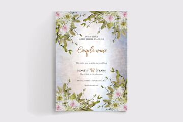 WEDDING INVITATION FRAME WITH FLOWER DECORATIONS AND FRESH LEAVES