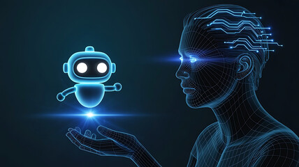 Humanoid with a robotic brain interfacing with a cute friendly looking chatbot AI and futuristic technology interface for communication and connection concept