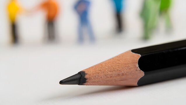 Pencil with miniature figures representing teamwork and collaboration concept