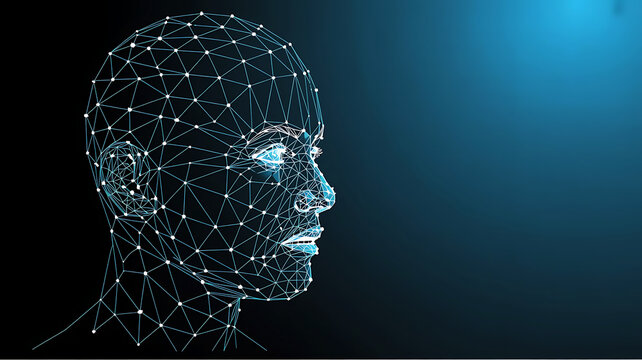 Abstract Digital Human Head with Neural Network Concept for Artificial Intelligence and Future Technology on Blue Background Represents Data Science