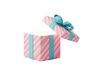 Isolated open gift box with pink stripes and glittery blue ribbon revealing an empty interior perfect for celebrations and surprises