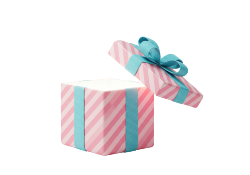 Isolated open gift box with pink stripes and glittery blue ribbon revealing an empty interior perfect for celebrations and surprises