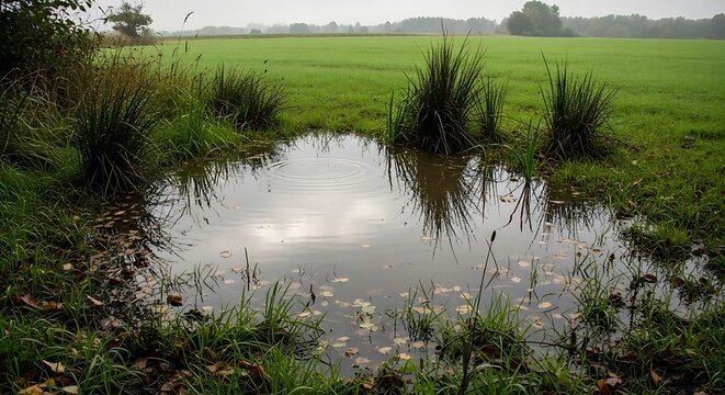 A small pond in a green field with tall grass. - Powered by Adobe