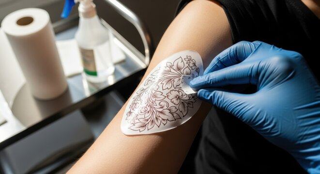 Tattoo artist applies floral stencil on a woman's arm before tattooing. Preparation process for body art design.