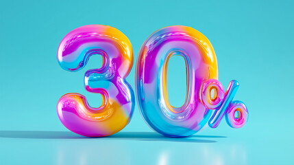 Number thirty percent as rainbow gradient balloons.