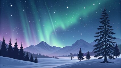 Abstract Aurora Winter Night with Snow Mountains Background —AI GENERATED  