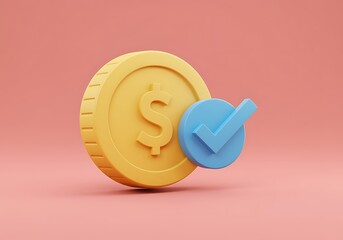 Golden Coin with Dollar Symbol and Blue Check Mark on Pastel Pink Background Financial Success and Approval Concept